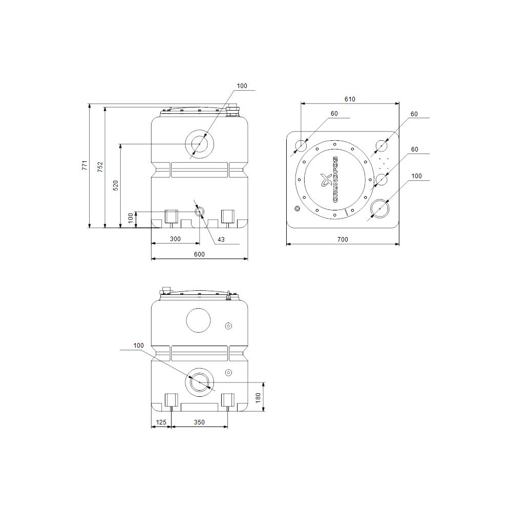 Grundfos Abwassersammelbehälter Hebeanlage UNOLIFT.270.40.CC, 800x700x600mm Volumen ... GRUNDFOS-97642385 5700310042312 (Abb. 3)