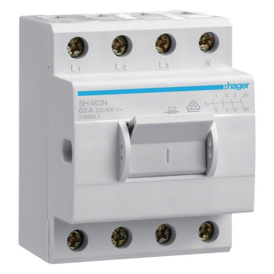 hager Ausschalter in Kompaktbauweise, 63A, 4-polig, 4 Schließer, 400V AC, 3,5PLE