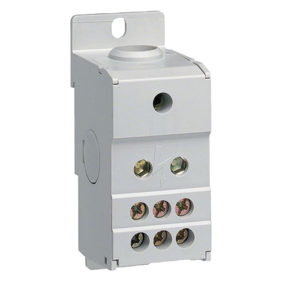 hager Verteilerblock, 160A, 1polig, 1x10-702/ 6x2, 5-162/ 1xFlachkupfer 16x5mm seitl.