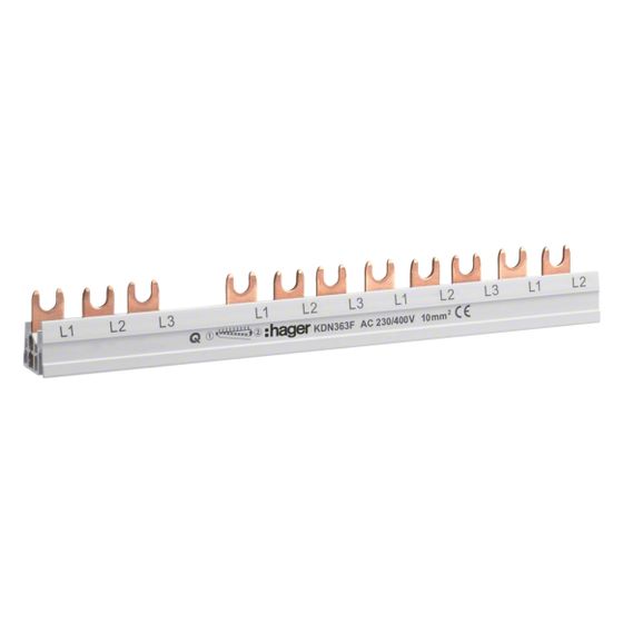 hager Phasenschiene / Kammschiene, 3-polig, mit Gabelanschluss, 10mm2, 63A, 12 Module