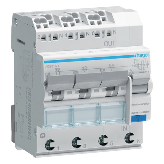 hager Fehlerstrom-Leitungsschutzschalter, FiLS-Schalter, 3x(1P+N) 6kA B-16A 30mA Typ A