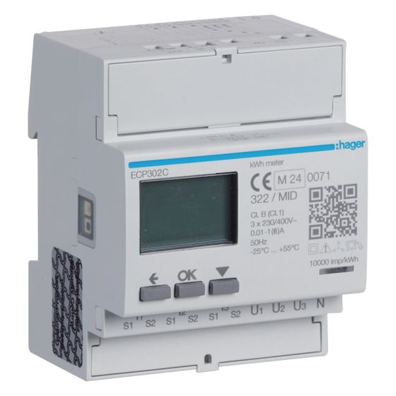 hager Energiezähler 3phasig für Wandlerverhältnis 1A oder 5A, 4M, SO, MID