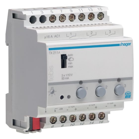 hager KNX Schalt-/Dimmaktor, Dimmer, 3-fach, 1-10V, für Lichtsteuerung/Vorschaltgeräte