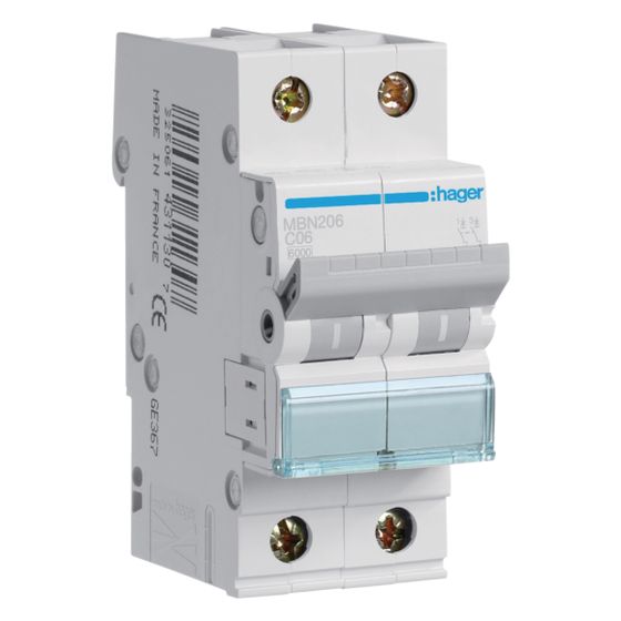 hager Leitungsschutzschalter 2 polig 6kA B-Charakteristik 6A 2 Module