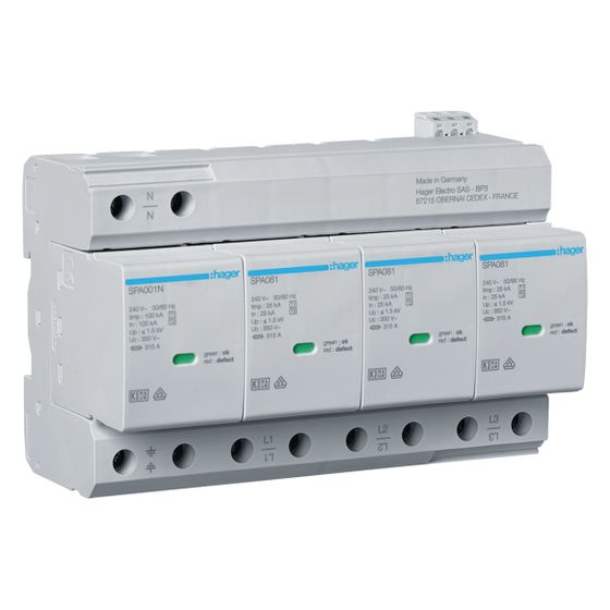 hager Kombiableiter Typ1+2 4P Uc 350V Iimp 25kA Up 1.5kV TNS/TT, Fernmeldekontakt