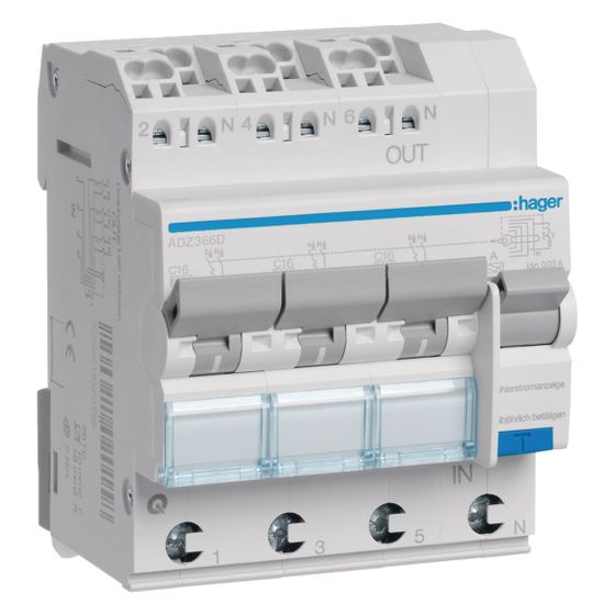 hager Fehlerstrom-Leitungsschutzschalter, FiLS-Schalter, 3x(1P+N) 6kA C-16A 30mA Typ A