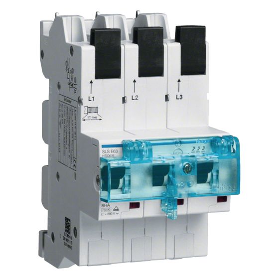 hager SLS-Schalter, 3-polig, E-Charakteristik, 63A, für Sammelschiene, QuickConnect