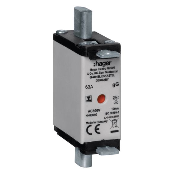 hager NH-Sicherungseinsatz NH000 gG 500V 63A Kombi-Melder mit isolierter Grifflasche
