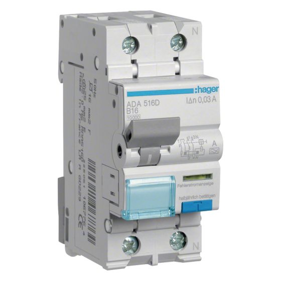 hager Fehlerstrom-Leitungsschutzschalter, FI/LS-Schalter, 1P+N 10kA B-16A 30mA Typ A
