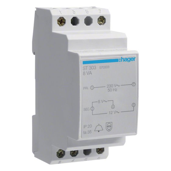 hager Klingeltrafo / Türklingel-Trafo REG, 230V / 8V und 12V 8VA, 2PLE