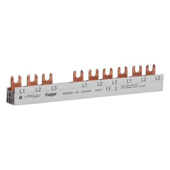 hager Phasenschiene 3 polig mit Gabelanschluss 10mm2 63A 10 Module