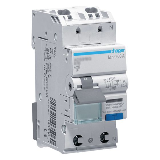 hager Fehlerstrom-Leitungsschutzschalter, FI/LS-Schalter, 1P+N 6kA B-6A 30mA Typ A
