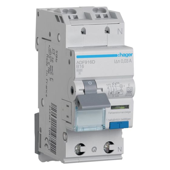 hager Fehlerstrom-Leitungsschutzschalter, FI/LS-Schalter 1P+N 6kA B-16A 30mA Typ F QC
