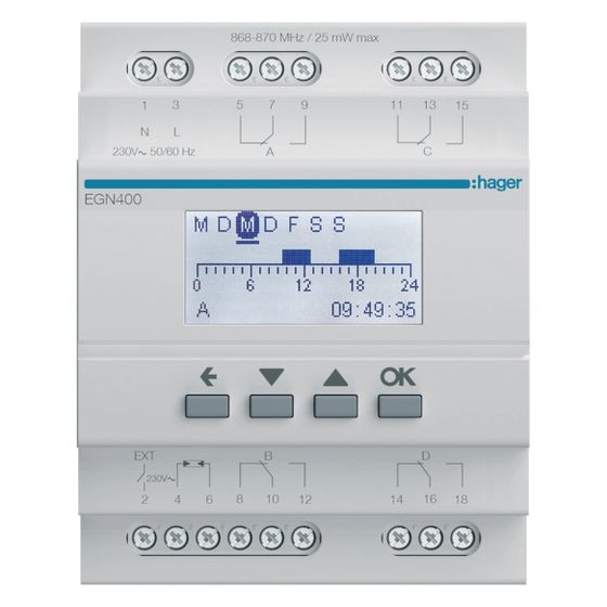 hager Digitale Multifunktions-Zeitschaltuhr für Hutschiene mit Bluetooth, 4-Kanal