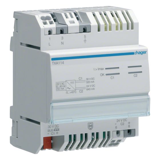 hager KNX Spannungsversorgung, 1-f. Ausg. mit Drossel 320mA und 1-f. Ausg. 24VDC 640mA