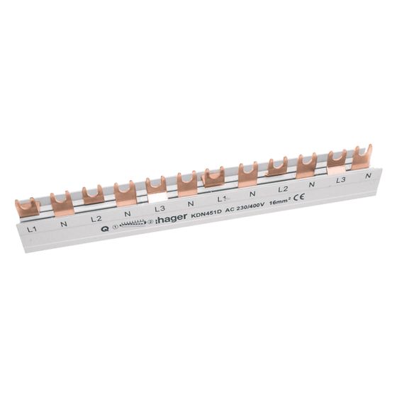 hager Phasenschiene/Kammschiene, 3-polig+N, mit Gabelanschluss, 16mm2, 80A, 12 Module