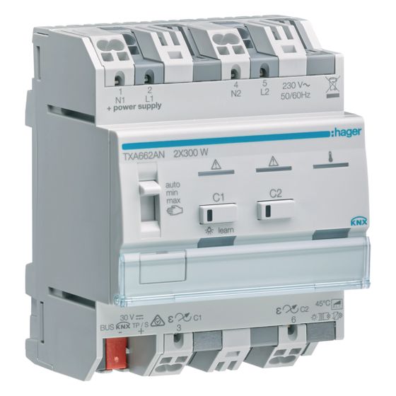 hager KNX Universal-Dimmaktor 2-fach KNX easy, 2x300W, ESL/LED, kombinierbar
