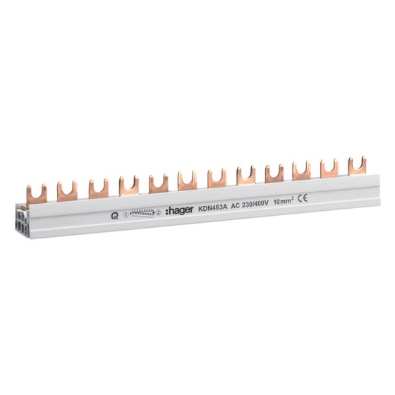 hager Phasenschiene/Kammschiene, 4-polig, mit Gabelanschluss, 10mm2, 63A, 12 Module