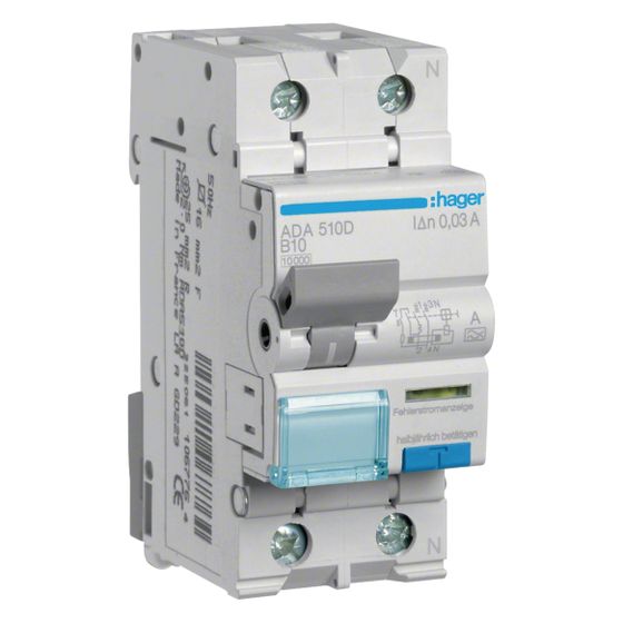 hager Fehlerstrom-Leitungsschutzschalter, FI/LS-Schalter, 1P plus N 10kA B-10A 30mA Typ A