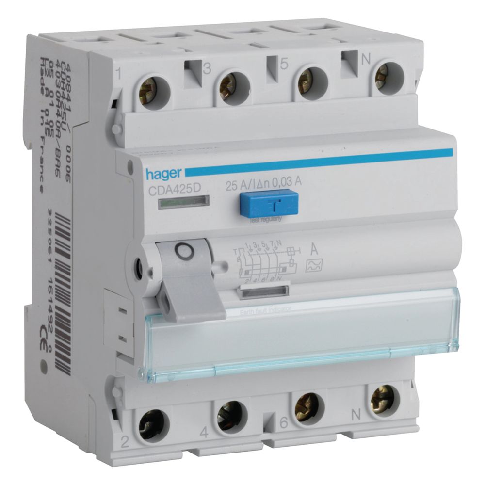 hager Fehlerstromschutzschalter / FI-Schalter, 4-polig, 6kA, 25A, 30mA, Typ A... HAGER-CDA425D 3250611610069 (Abb. 1)