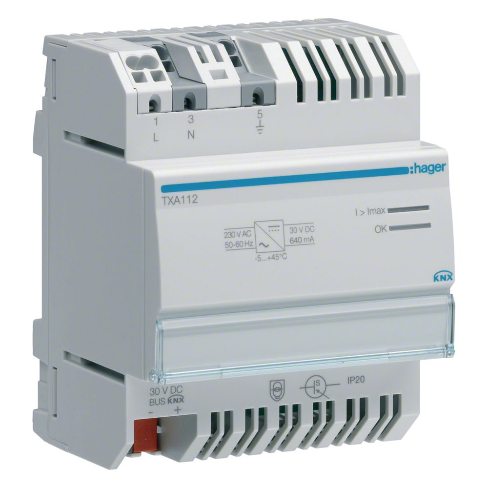hager KNX Spannungsversorgung für Bussystem mit 1-fach Ausgang und Drossel, 640mA... HAGER-TXA112 3250616049444 (Abb. 1)