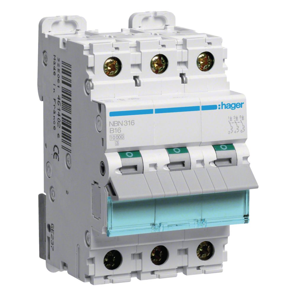 hager Leitungsschutzschalter, LS-Schalter 3 polig 10kA/15kA B-16A 3M... HAGER-NBN316 3250614614026 (Abb. 1)