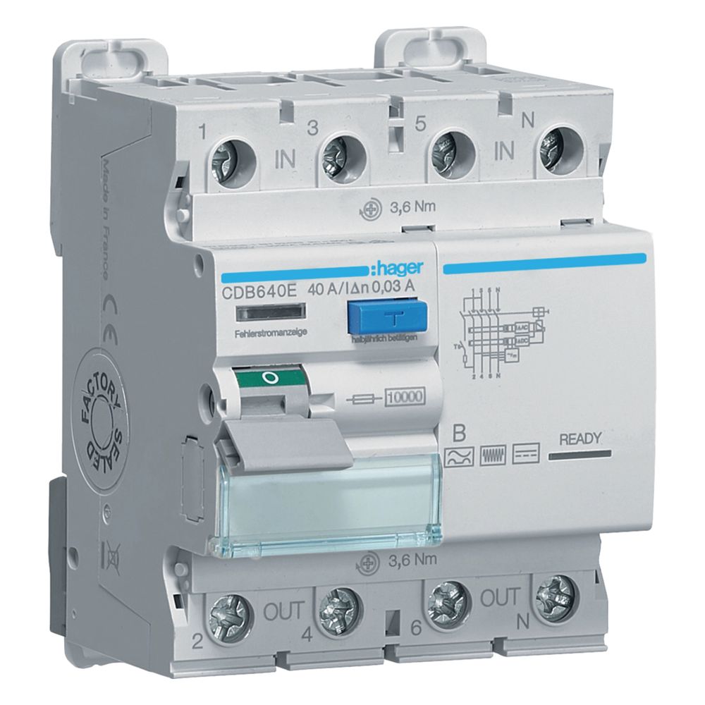 hager Fehlerstromschutzschalter, FI-Schutzschalter 4-polig 10kA 40A 30mA Typ B... HAGER-CDB640E 3250611627852 (Abb. 1)