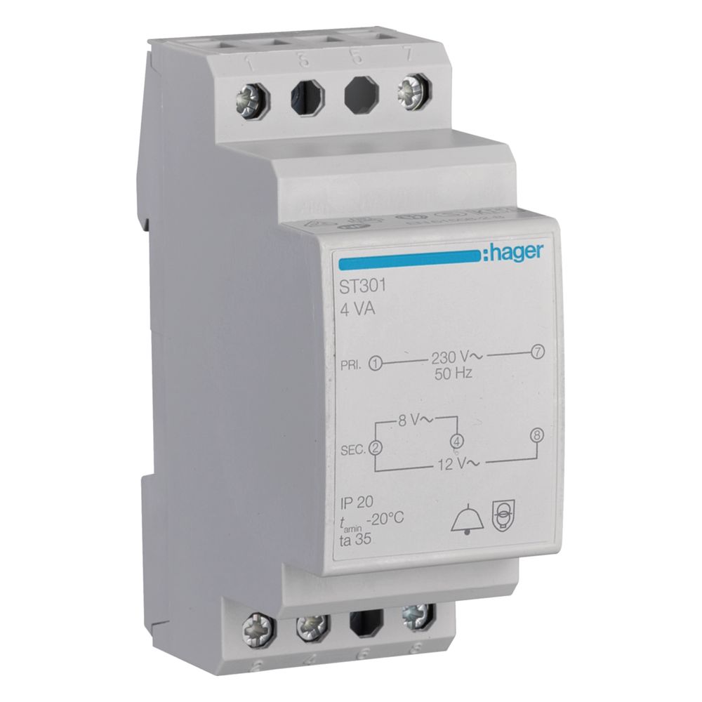 hager Klingeltrafo 230V / 8V und 12V 4VA 2PLE... HAGER-ST301 3250615703019 (Abb. 1)
