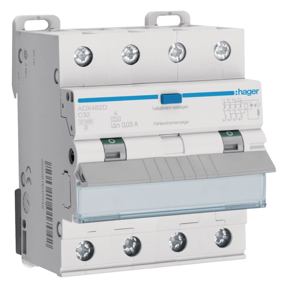 hager Fehlerstrom-Leitungsschutzschalter, FI/LS-Schalter 4P 10kA C-32A 30mA Typ A... HAGER-ADX482D 3250611017073 (Abb. 1)