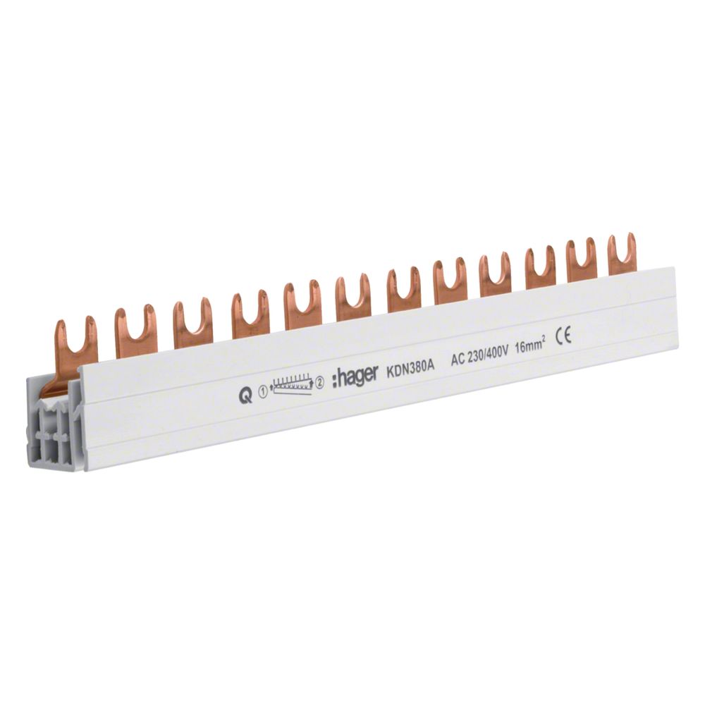 hager Phasenschiene 3 polig mit Gabelanschluss 16mm2 80A 12 Module... HAGER-KDN380A 3250613741006 (Abb. 1)