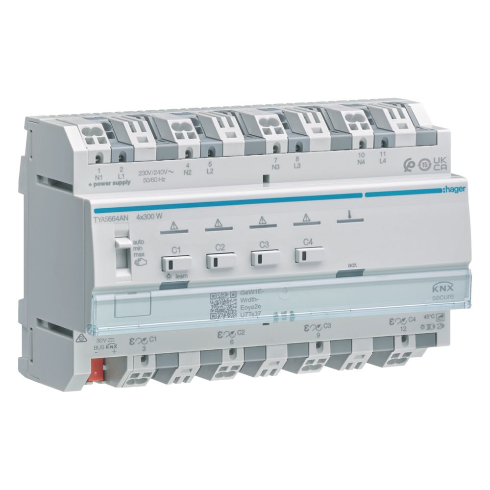 hager Universal-Dimmaktor 4-fach KNX Secure, 4x300W, ESL/LED, kombinierbar... HAGER-TYAS664AN 3250610050255 (Abb. 1)