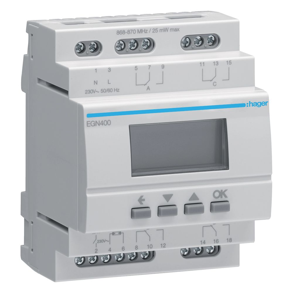 hager Digitale Multifunktions-Zeitschaltuhr für Hutschiene mit Bluetooth, 4-Kanal... HAGER-EGN400 3250617579926 (Abb. 2)