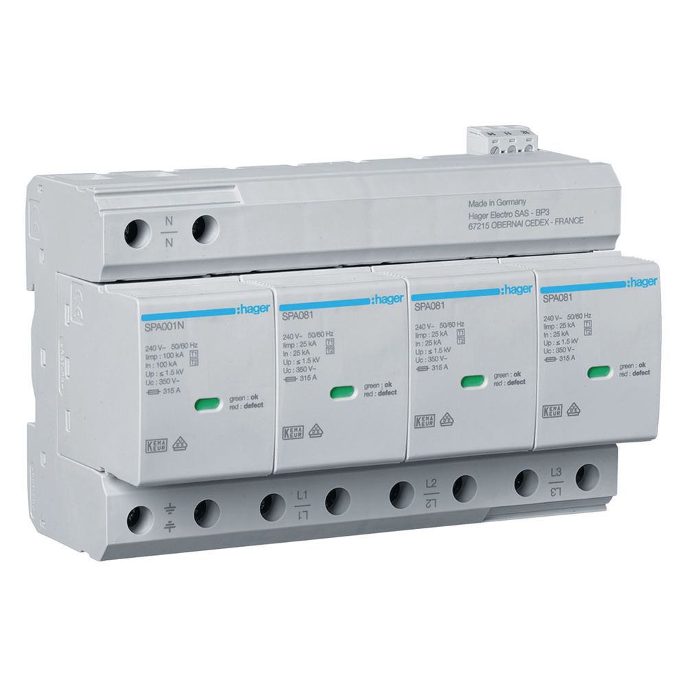 hager Kombiableiter Typ1+2 4P Uc 350V Iimp 25kA Up 1.5kV TNS/TT, Fernmeldekontakt... HAGER-SPA801 3250615514844 (Abb. 1)