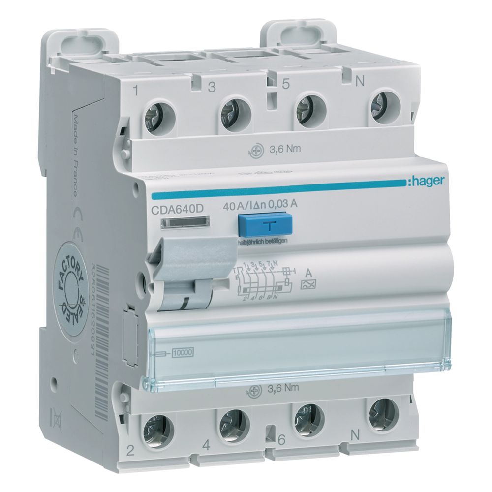 hager Fehlerstromschutzschalter / FI-Schalter, 4-polig, 10kA, 40A, 30mA, Typ A... HAGER-CDA640D 3250611620648 (Abb. 1)