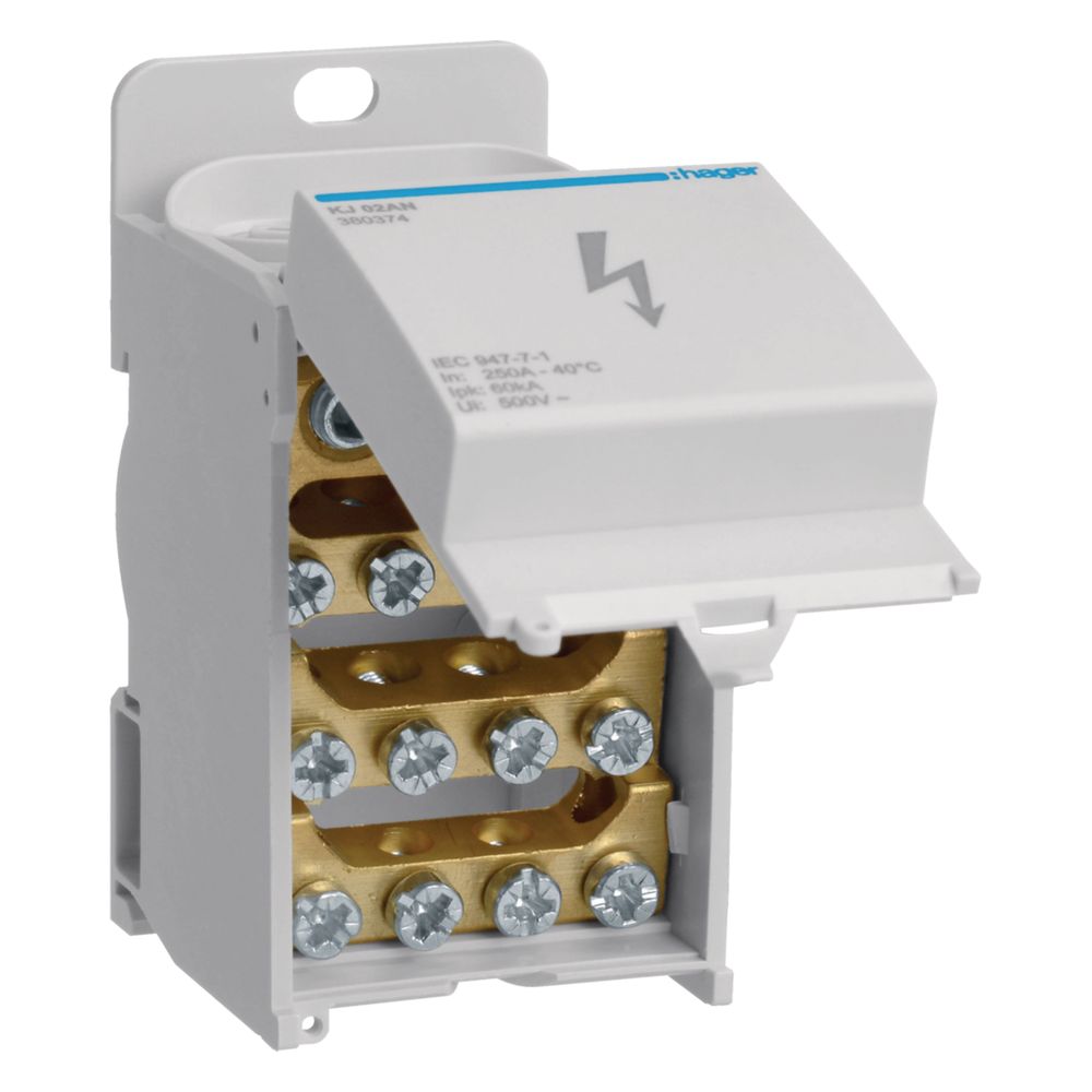 hager Verteilerblock 250A m.Frontabdeckung 1p. 1x35-1202/1x1,5-502/4x1,5-162/8x2,5-252... HAGER-KJ02AN 3250613803742 (Abb. 1)