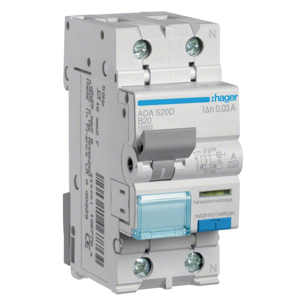 hager Fehlerstrom-Leitungsschutzschalter 1P+N 10kA B-20A 30mA Typ A... HAGER-ADA520D 3250611067771 (Abb. 1)