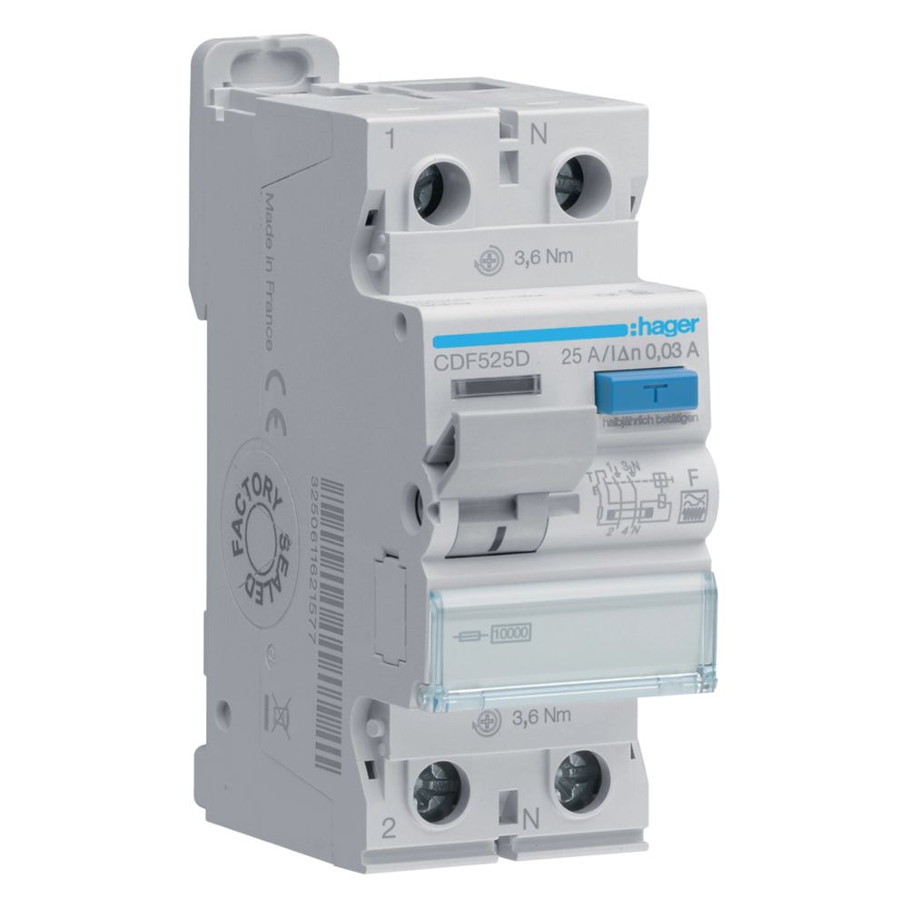 hager Fehlerstromschutzschalter 2 polig 10kA 25A 30mA Typ F... HAGER-CDF525D 3250611621577 (Abb. 1)