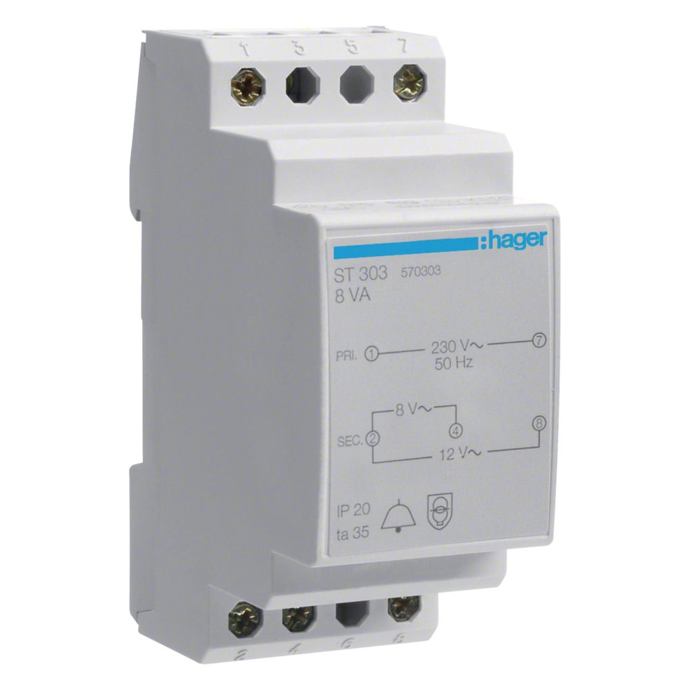 hager Klingeltrafo / Türklingel-Trafo REG, 230V / 8V und 12V 8VA, 2PLE... HAGER-ST303 3250615703033 (Abb. 1)