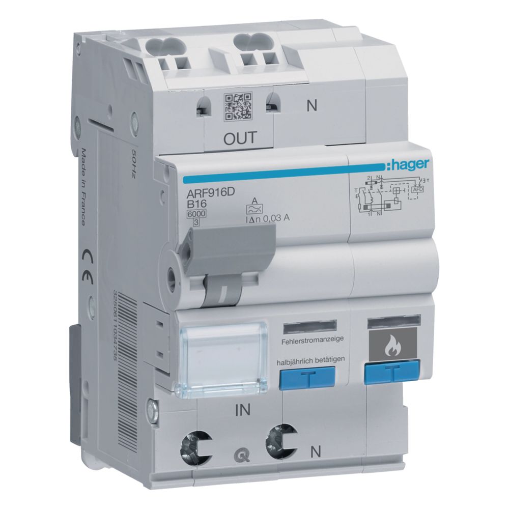 hager Fehlerlichtbogen-Schutzeinrichtung AFDD mit FI-LS 1P+N 6kA B-16A 30mA Typ A 3M... HAGER-ARF916D 3250611034766 (Abb. 1)