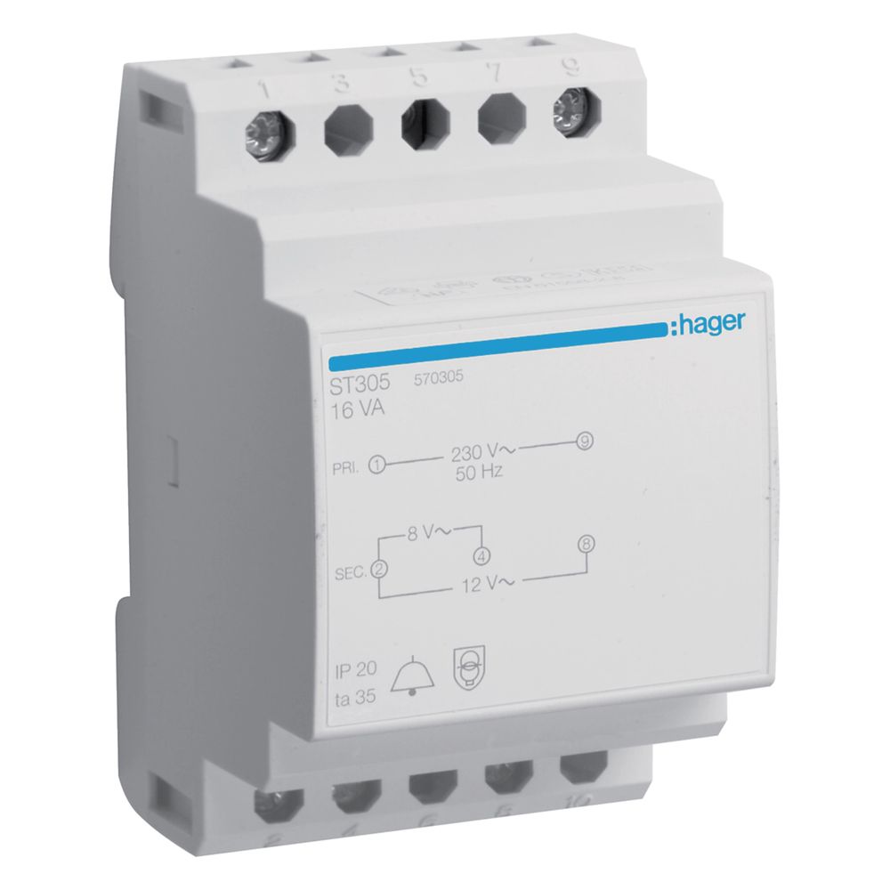 hager Klingeltrafo 230V / 8V und 12V 16VA 3PLE... HAGER-ST305 3250615703057 (Abb. 1)