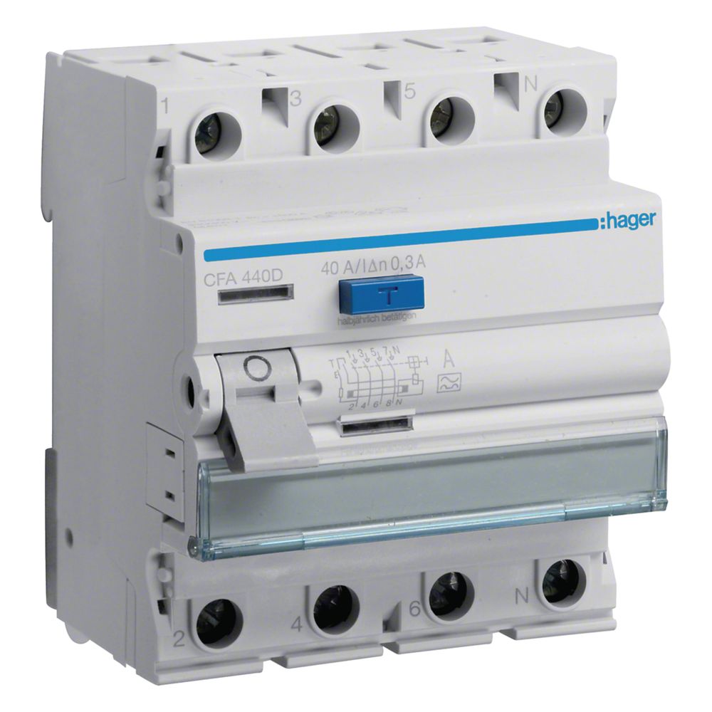 hager Fehlerstromschutzschalter / FI-Schalter, 4-polig, 6kA, 40A, 300mA, Typ A... HAGER-CFA440D 3250611610199 (Abb. 1)