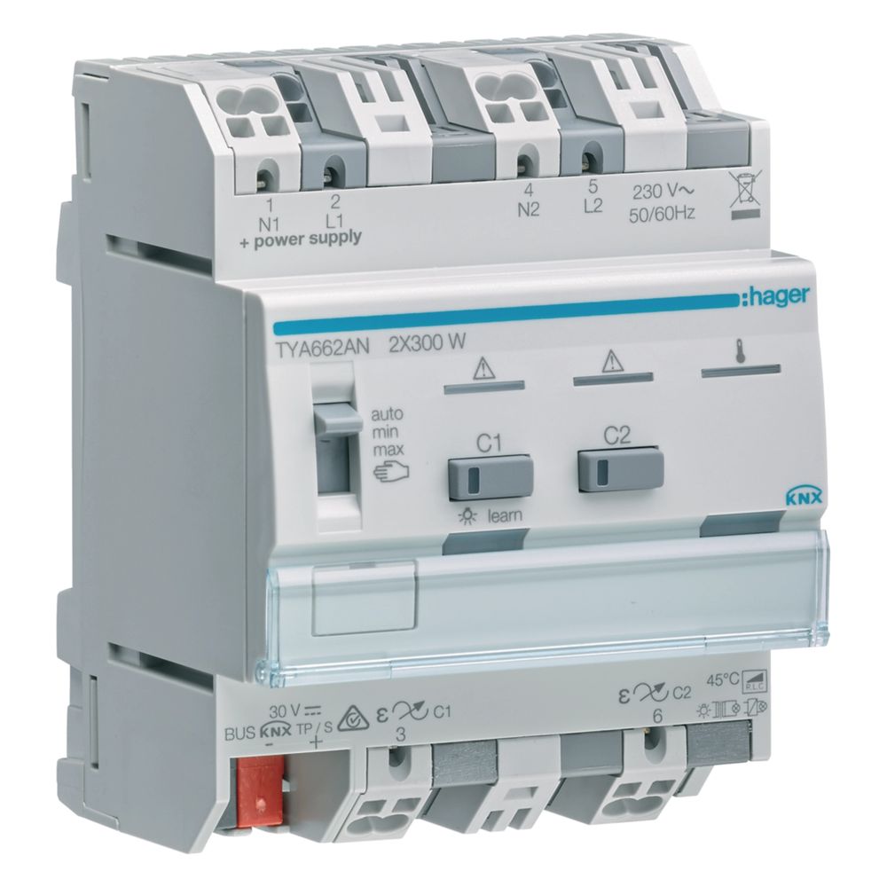 hager KNX Universal-Dimmaktor 2-fach, 2x300W, ESL/LED, kombinierbar... HAGER-TYA662AN 3250616057746 (Abb. 1)