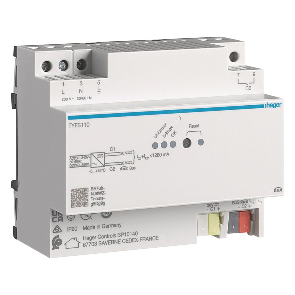 hager Spannungsversorgung KNX mit 2 Ausgängen inkl. 1 Drossel, 1280 mA... HAGER-TYFS110 3250610050156 (Abb. 1)