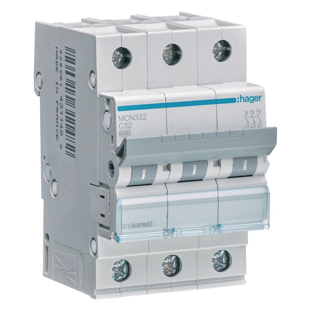 hager Leitungsschutzschalter, Sicherungsautomat, 3-polig, 6kA, C-Charakteristik, 32A... HAGER-MCN332 3250614311482 (Abb. 1)