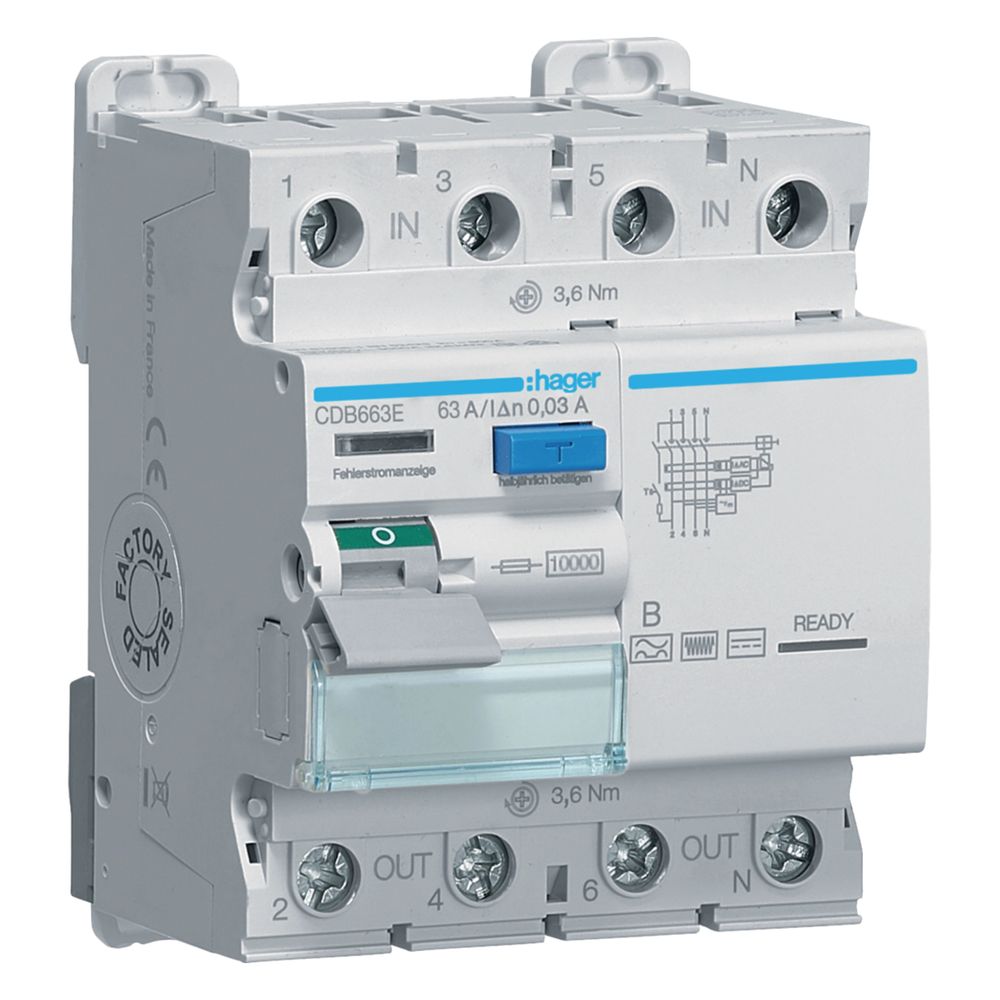 hager Fehlerstromschutzschalter / FI-Schalter, 4-polig, 10kA, 63A, 30mA, Typ B... HAGER-CDB663E 3250611627869 (Abb. 1)