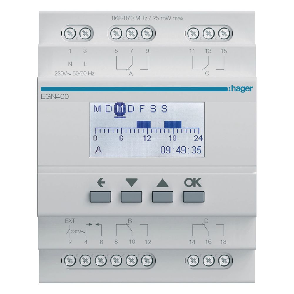 hager Digitale Multifunktions-Zeitschaltuhr für Hutschiene mit Bluetooth, 4-Kanal... HAGER-EGN400 3250617579926 (Abb. 1)