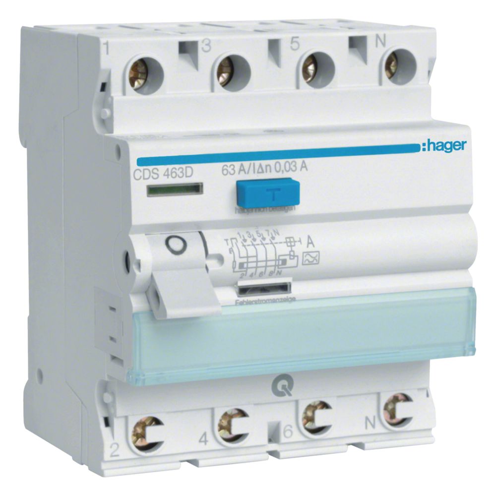 hager Fehlerstromschutzschalter / FI-Schalter, 4-polig, 6kA, 63A, 30mA, Typ A, QC... HAGER-CDS463D 3250611610878 (Abb. 1)