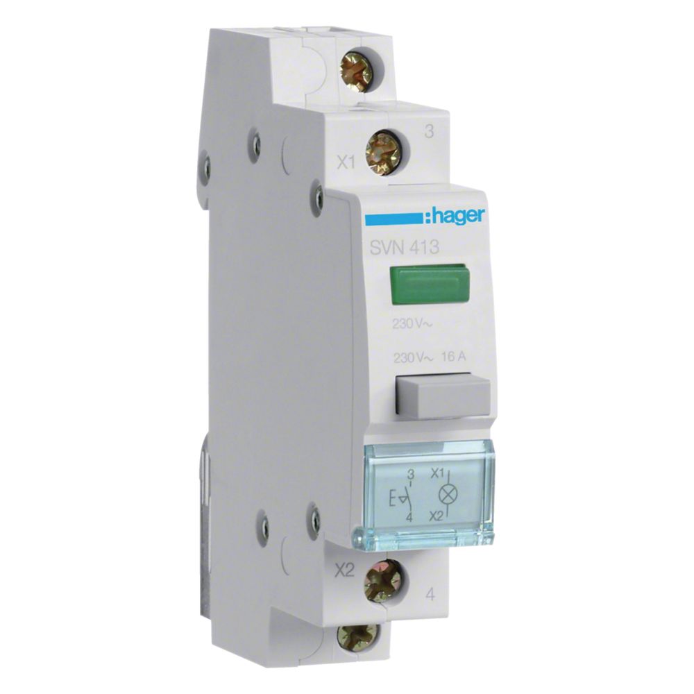 hager Druckschalter 16A 1 Schließer 230V AC mit Leuchtmelder grün 1PLE... HAGER-SVN413 3250615721945 (Abb. 1)
