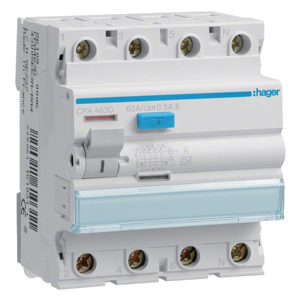 hager Fehlerstromschutzschalter, FI-Schalter 4-polig 6kA 63A 300mA Typ S selektiv... HAGER-CPA463D 3250611610328 (Abb. 1)