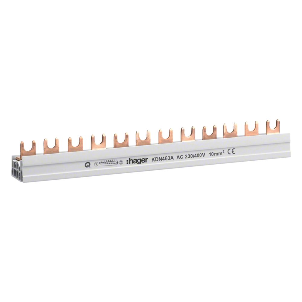 hager Phasenschiene/Kammschiene, 4-polig, mit Gabelanschluss, 10mm2, 63A, 12 Module... HAGER-KDN463A 3250613740931 (Abb. 1)